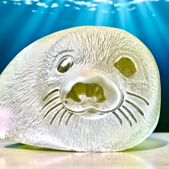 Crystal Seal Figurine MATS JONASSON SWEDEN AVintage art Glass Signed & Sticker - Picture 1 of 13